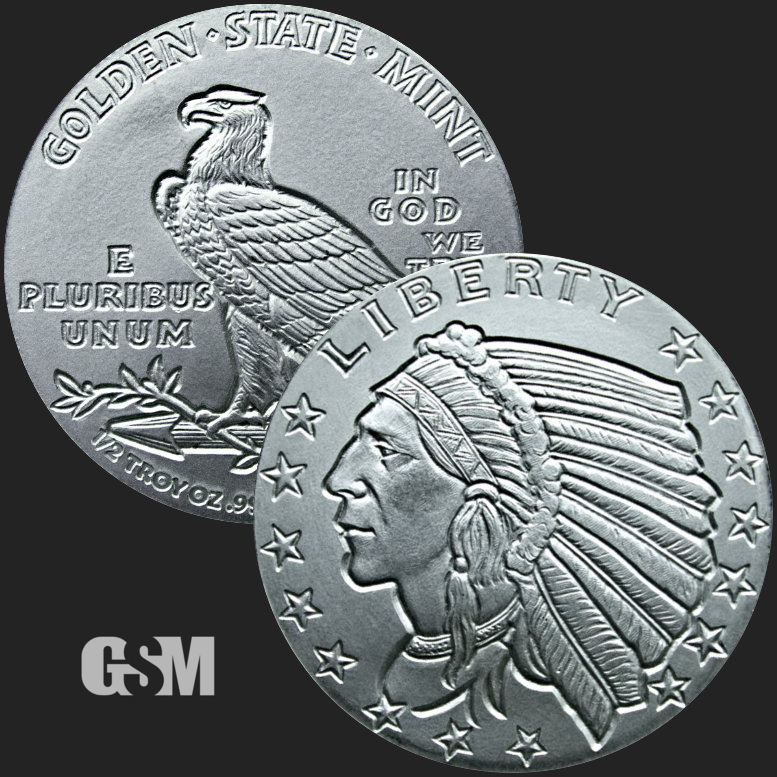 #S30 Indian Head Round Golden State Mint 1/2 oz .999 Fine Silver HALF 
