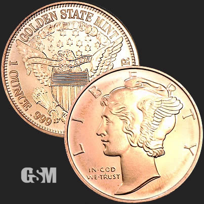 Mercury Head BU- Mix or Match Designs 999 Fine Copper Rounds 10-1 AVDP oz 