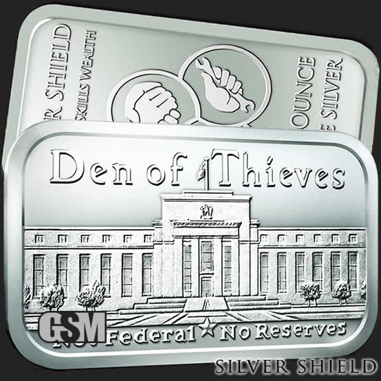 Silver Shield Den of Thieves Federal Reserve 1 oz .999 Silver USA Bullion Bar