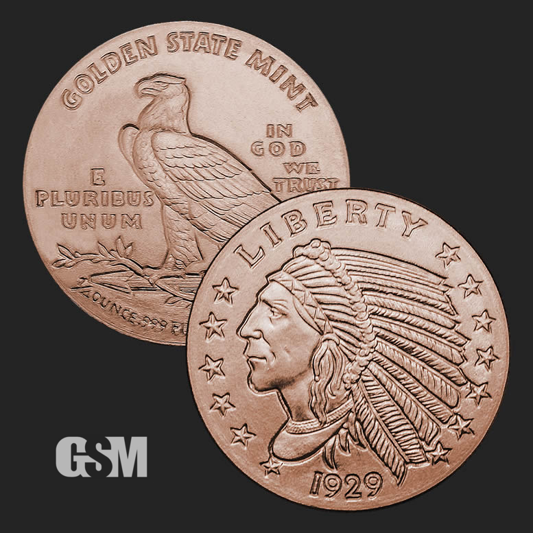 1929 Incuse Indian 0.999 Fine 1//4 Oz Copper Bullion Round Coin US Quarter Eagle