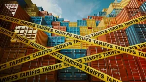 Tariffs Yellow Tape Over Storage Boxes
