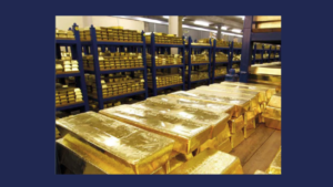 Gold Bullion Bars on Shelves Blue Border
