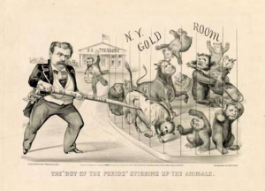 The "Boy of the period" stirring up the animals, 1869. Print shows a caricature of financier Jay Gould, left, who attempts to corner the gold market, represented by bulls and bears in a cage. Credit: Library of Congress