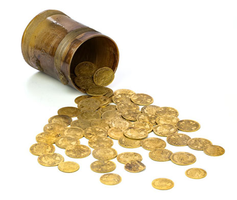 Gold coins spilling out of a jar