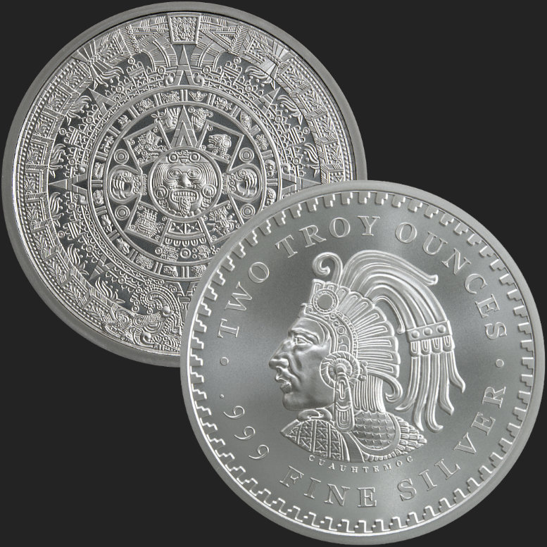The Aztec Calendar Stone 2 oz .999 Silver Round Cuauhtemoc Eagle Snake 