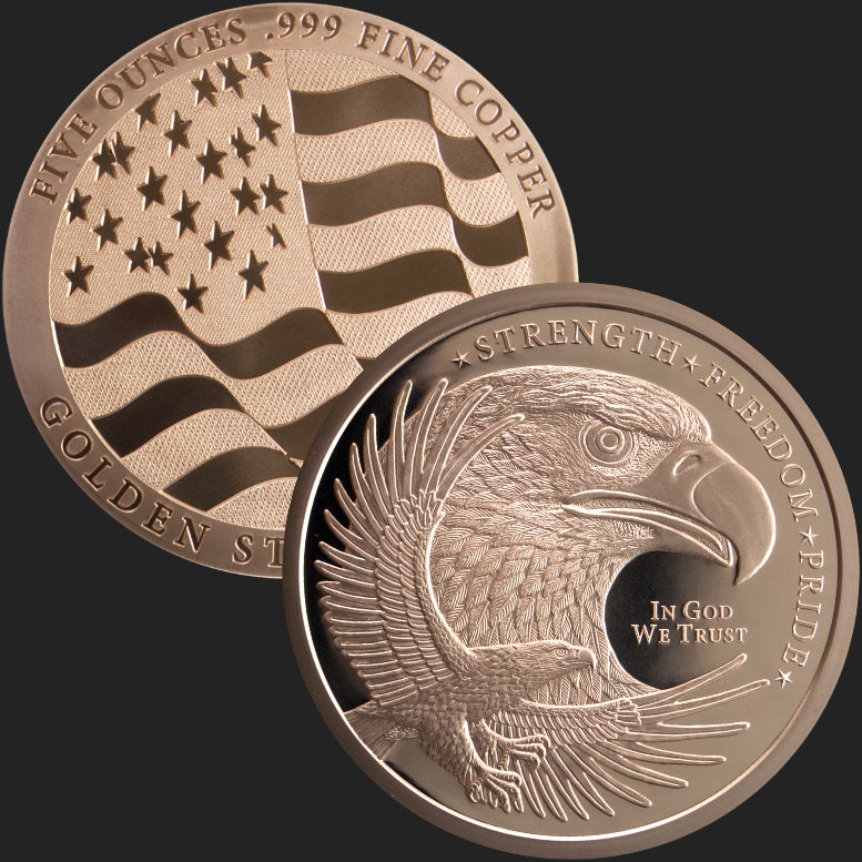Strength American Bald Eagle With USA Flag Freedom & Pride 5 oz Copper Round 