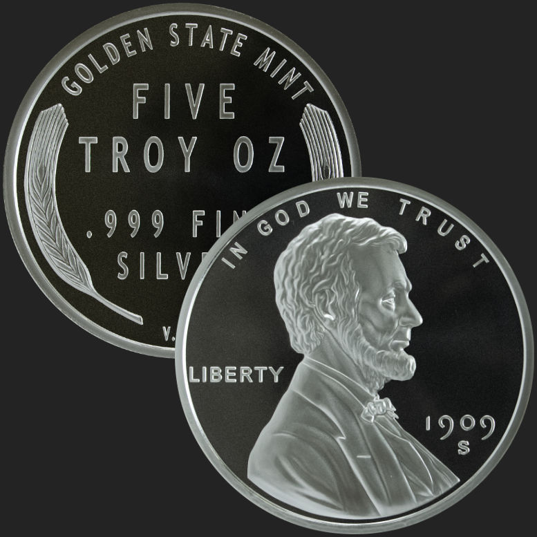 5 oz Lincoln Wheat Cent Silver Bullion Round .999 Fine