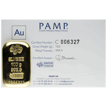 100 Gram PAMP Suisse Cast Gold Bar (w/ Assay)