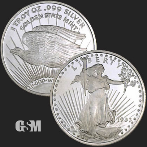 Excellent Saint-Gaudens Silver Round Liberty Woman & Eagle Front & Back of 1 oz. 999 Silver Coin