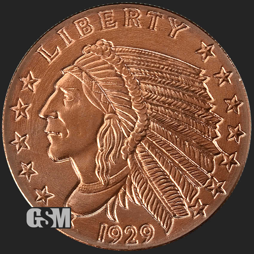 2 oz Copper Round  1929  INDIAN  INCUSE    $5 Gold  Design Coin  GSM 