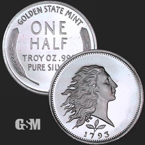 Excellent Woman with Flowing Hair Front & One Half Wheat Stalks Reverse  1/2 oz Silver Coin