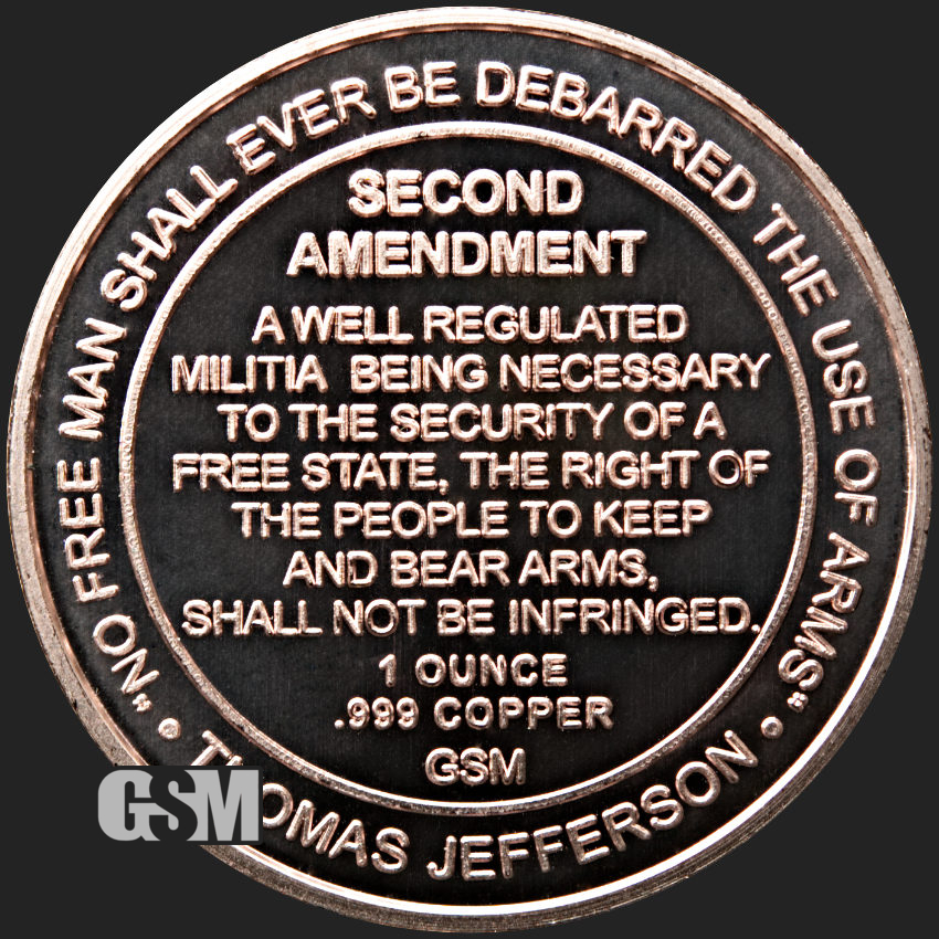 1 Oz Copper Round 999 Fine 2nd Amendment Constitutional Right to Bear Arms New 