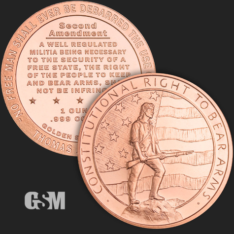 Beautiful 1 oz Man with Rifle & Second Amendment Front & Back 1 Troy Oz .999 Copper Coin