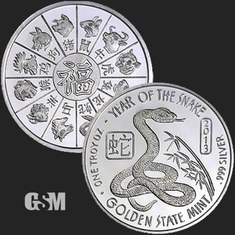 Excellent Snake & Chinese Zodiac Calendar Front & Back of 1 oz .999 Fine Silver Coin