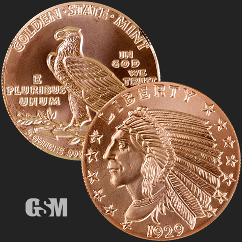 Copper Round  1929  INDIAN  INCUSE    $5 Gold  Design Coin  GSM 2 oz 