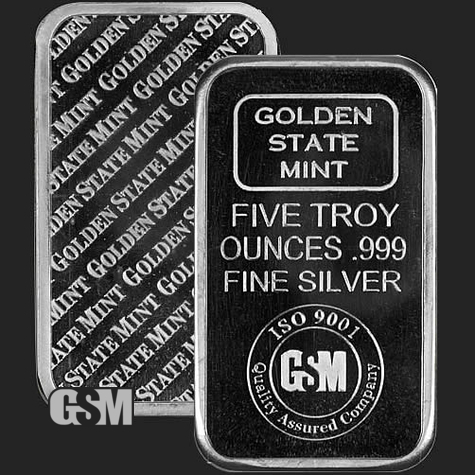 Beautiful GSM 5 oz Golden State Mint Silver Bar .999 Fine Bullion