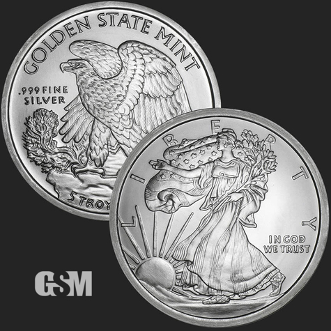 Excellent Walking Liberty & Eagle Front & Back of 5 oz .999 Fine Silver Coin