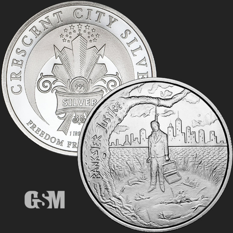 Excellent Hanging Banker & Crescent City Front & Back of 1 oz .999 Fine Silver Coin