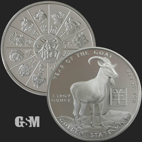 Beautiful Goat & Chinese Zodiac Calendar Front & Back of 1 oz .999 Fine Silver Coin