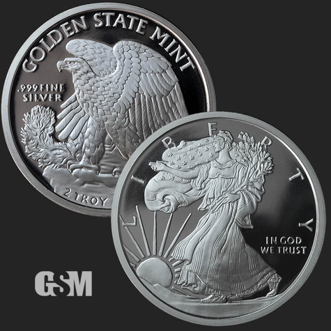 Excellent Walking Liberty & Eagle Front & Back of 2 oz .999 Fine Silver Coin