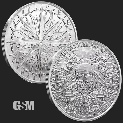 Beautiful Pirate Skull & Sun Compass Front & Back of 1 oz .999 Silver Coin