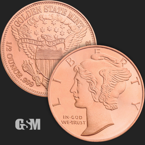 Excellent Mercury Dime Lady Liberty Pharygian Eagle Shield Front & Back 1/2 oz Copper Round Coin