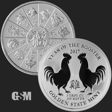 Beautiful Rooster & Chinese Zodiac Calendar Front & Back of 5 oz .999 Fine Silver Coin