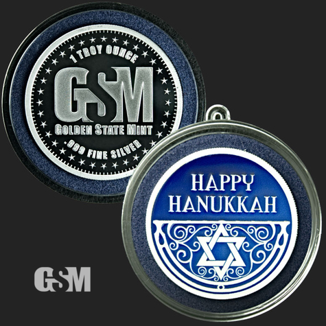 Beautiful Happy Hanukkah & Golden State Mint 1 Troy Oz .999 Fine Silver Round Coin