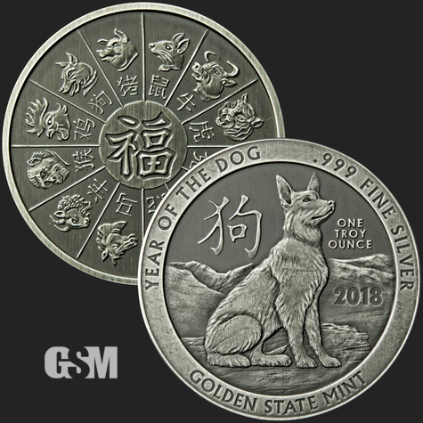Beautiful Dog & Chinese Zodiac Calendar Front & Back of 1 oz .999 Fine Antiqued Silver Coin