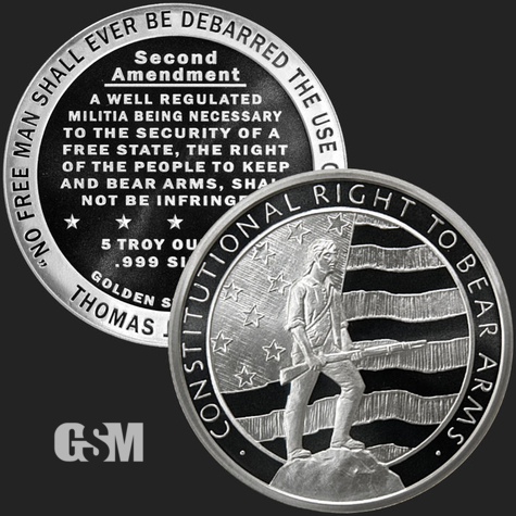 Excellent 5 oz Man with Rifle & Second Amendment Front & Back 5 Troy Oz .999 Silver Coin