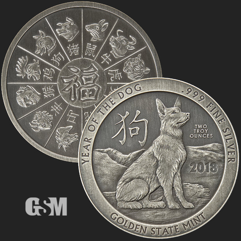 Beautiful Dog & Chinese Zodiac Calendar Front & Back of 2 oz .999 Fine Antiqued Silver Coin