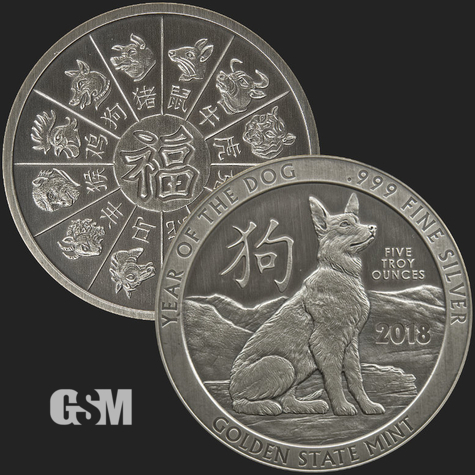Beautiful Dog & Chinese Zodiac Calendar Front & Back of 5 oz .999 Fine Antiqued Silver Coin
