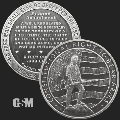 Excellent 5 oz Man with Rifle & Second Amendment Front & Back 5 Troy Oz .999 Antiqued Silver Coin
