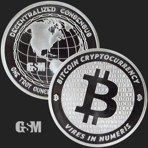 Beautiful Bitcoin Crypto & Decentralized Consensus Front & Back 1 oz .999 Fine Silver Coin