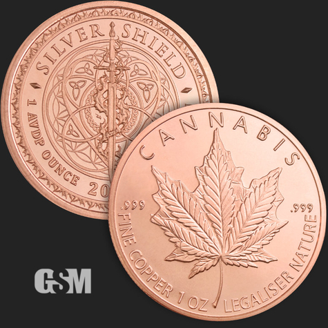 Beautiful 1 oz Cannabis BU Silver Shield Front & Back Fine .999 Copper Round Coin