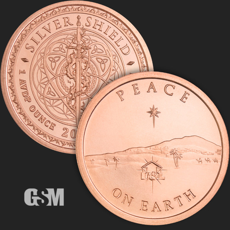 Excellent Peace on Earth Silver Shield Front & Back 1 oz .999 Fine Copper Round Coin