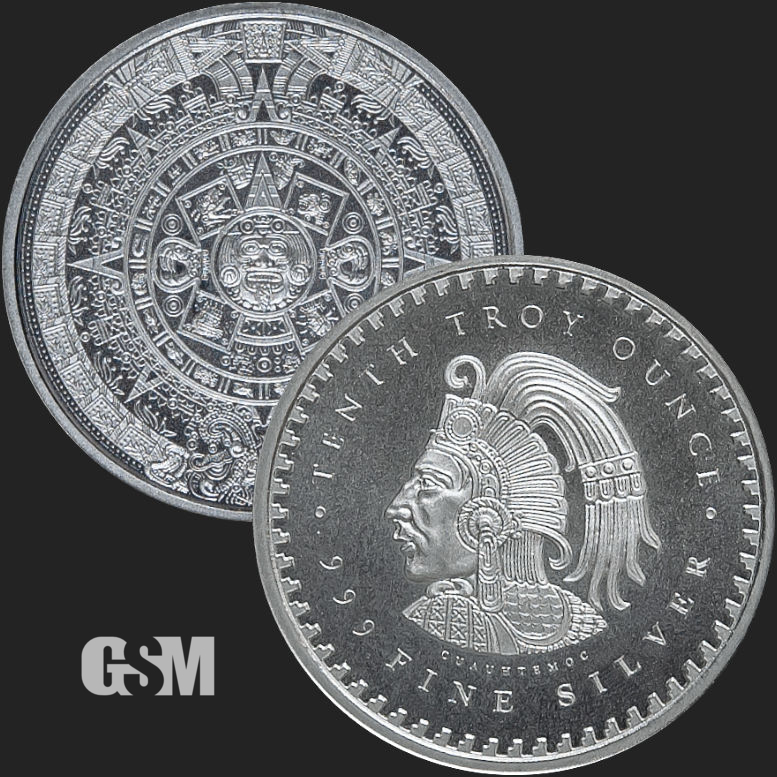 1/10 oz Aztec Calendar Silver Round .999 Fine