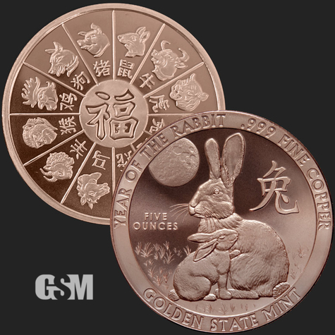5 oz year of the Rabbit Copper round Golden State Mint 777B