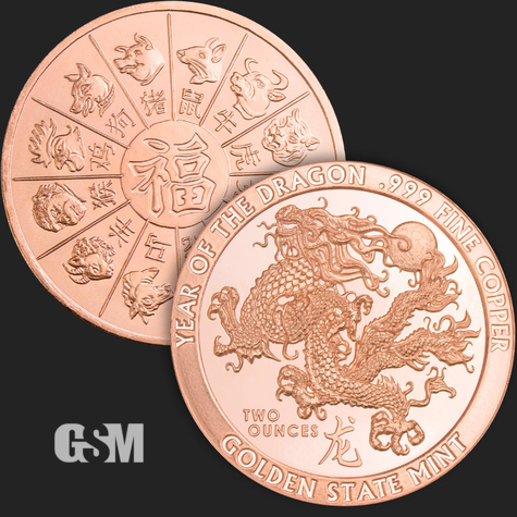 Excellent Year of the Dragon Lunar Calendar Front & Back .999 Fine 2 oz Copper Round Coin